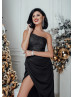 Asymmetrical Satin Glitter Split Maxi Party Dress